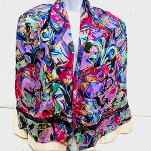 Pierre Balmain Silk Scarf  chiffon satin multi color red black purple 62X31 (50)